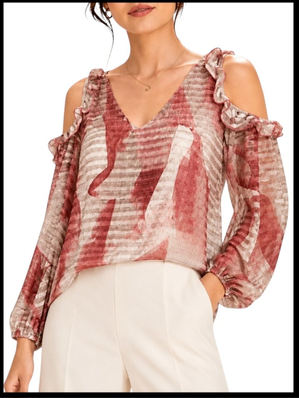 Ruffle Sleeve Blouse Cream Brown Sheer Cold Shoulder L